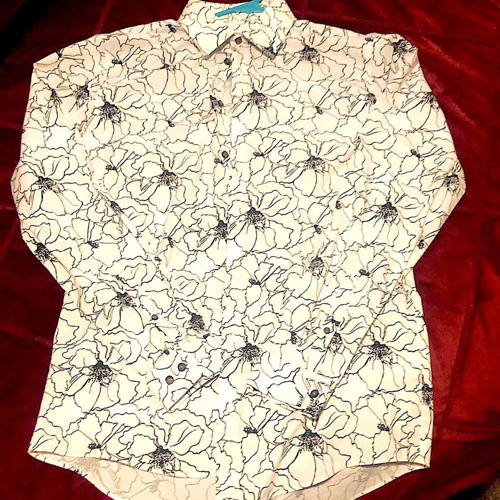 J.Ferrar White/Black Stretch Slim fit floral pattern dress shirt.